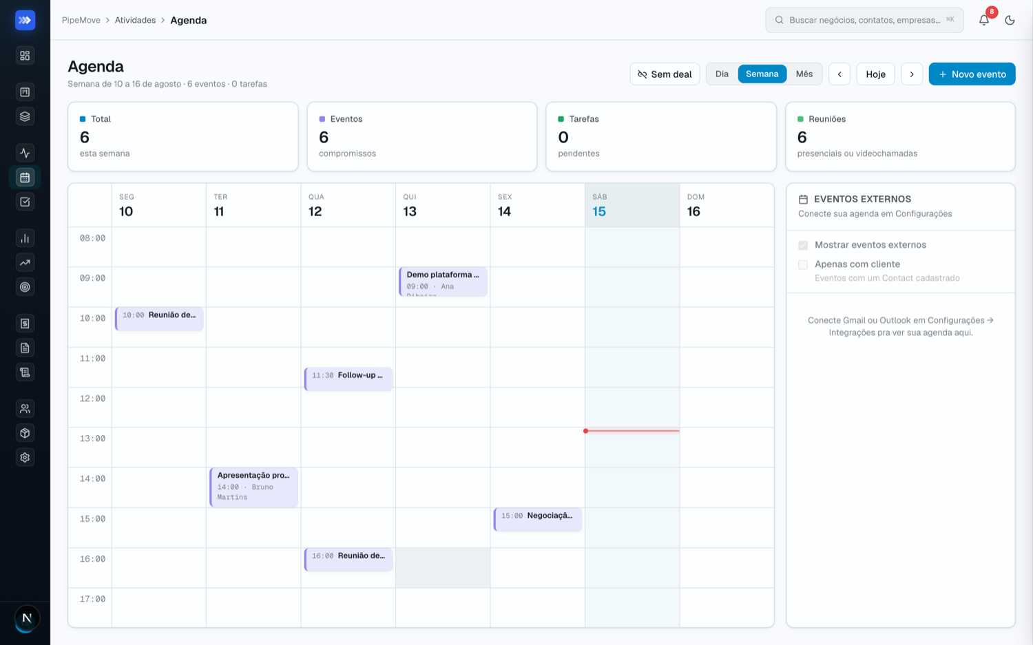 Agenda semanal com compromissos vinculados a negócios