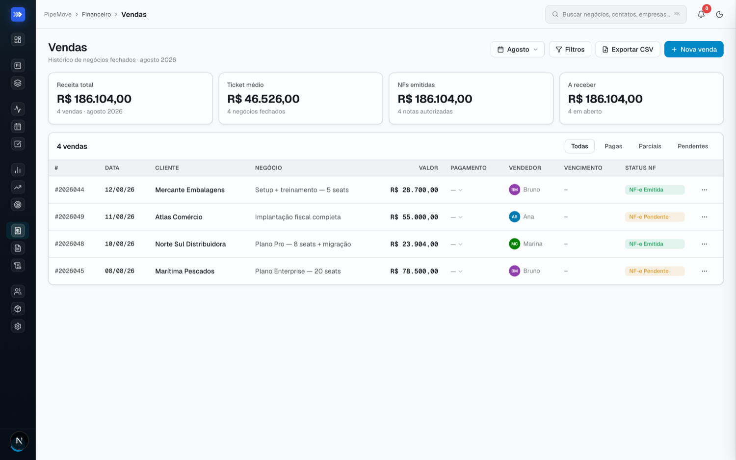 Tela de vendas com status de nota e pagamento